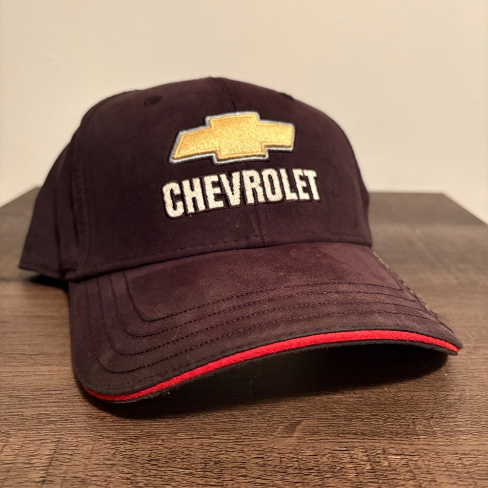 Chevrolet Embroidered Suede Baseball Cap Men's Adjustable‎ Strap Maroon Red Trim